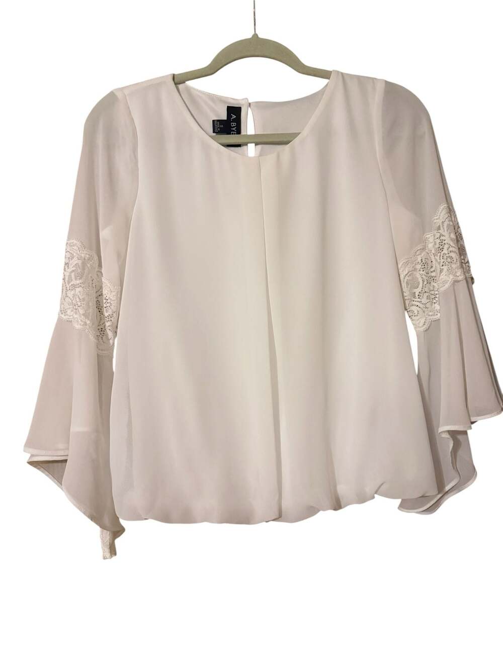 A. Byer White Blouse‎ with Lace Detail and Bell Sleeves